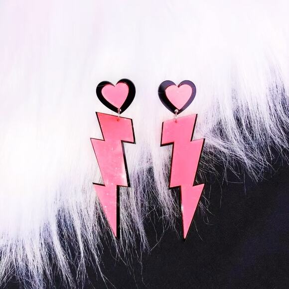 Pink & Black Lightning Bolt Acrylic Earrings with Heart Top - Picture 7 of 9